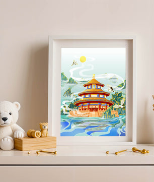Alter chinesischer Pavillon am Wasser mit Kranichen und Bergen