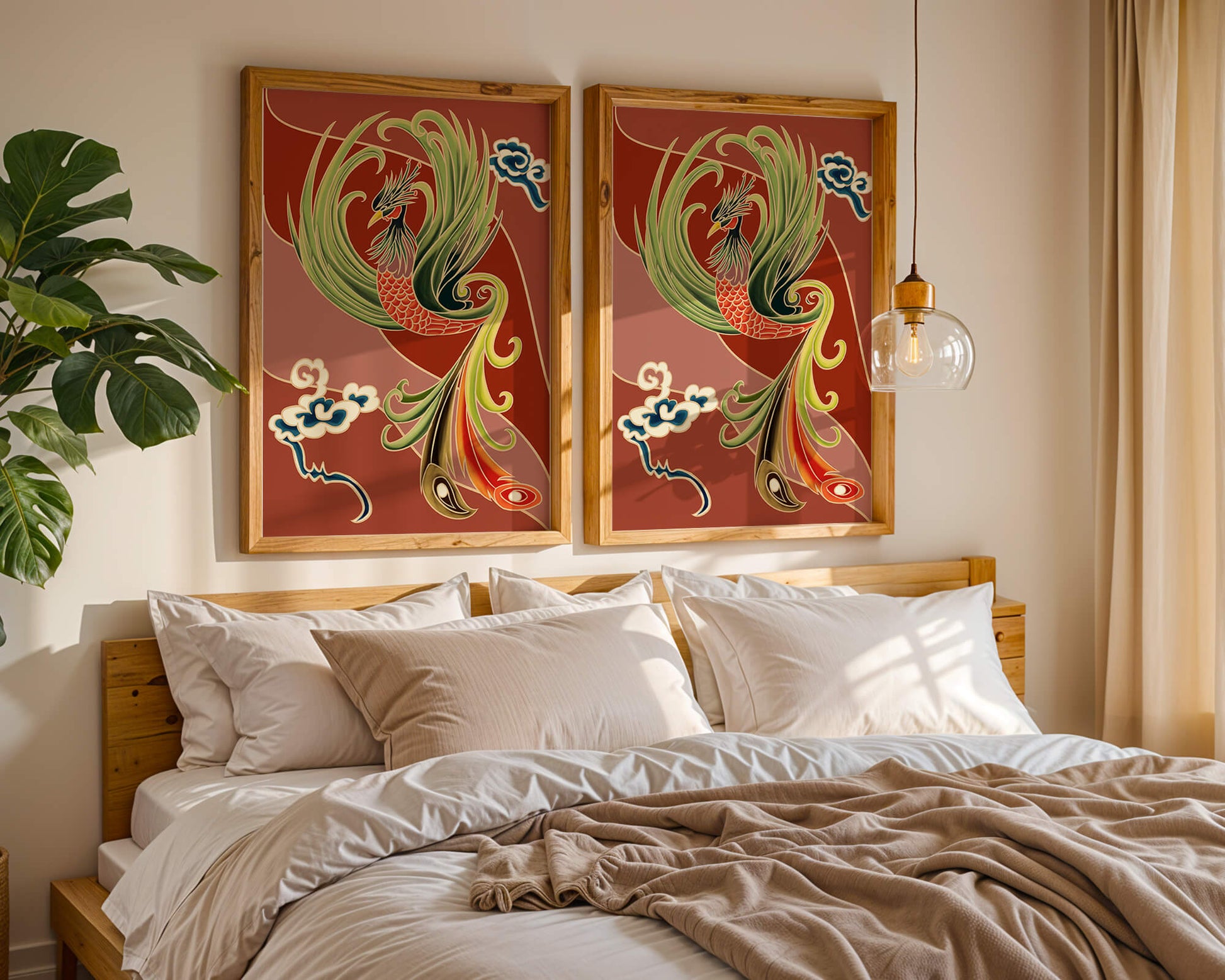 Stylized phoenix illustration with vibrant colors and clouds