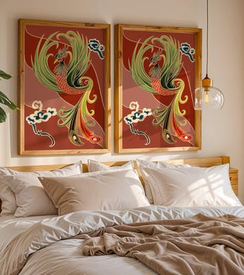Stylized phoenix illustration with vibrant colors and clouds