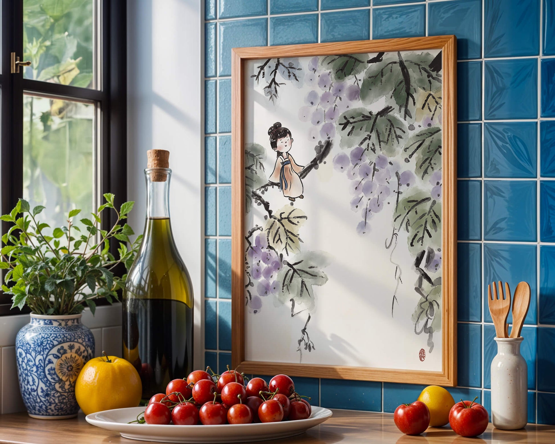 Una chica caprichosa sentada en una rama con bayas moradas y hojas verdes en estilo acuarela