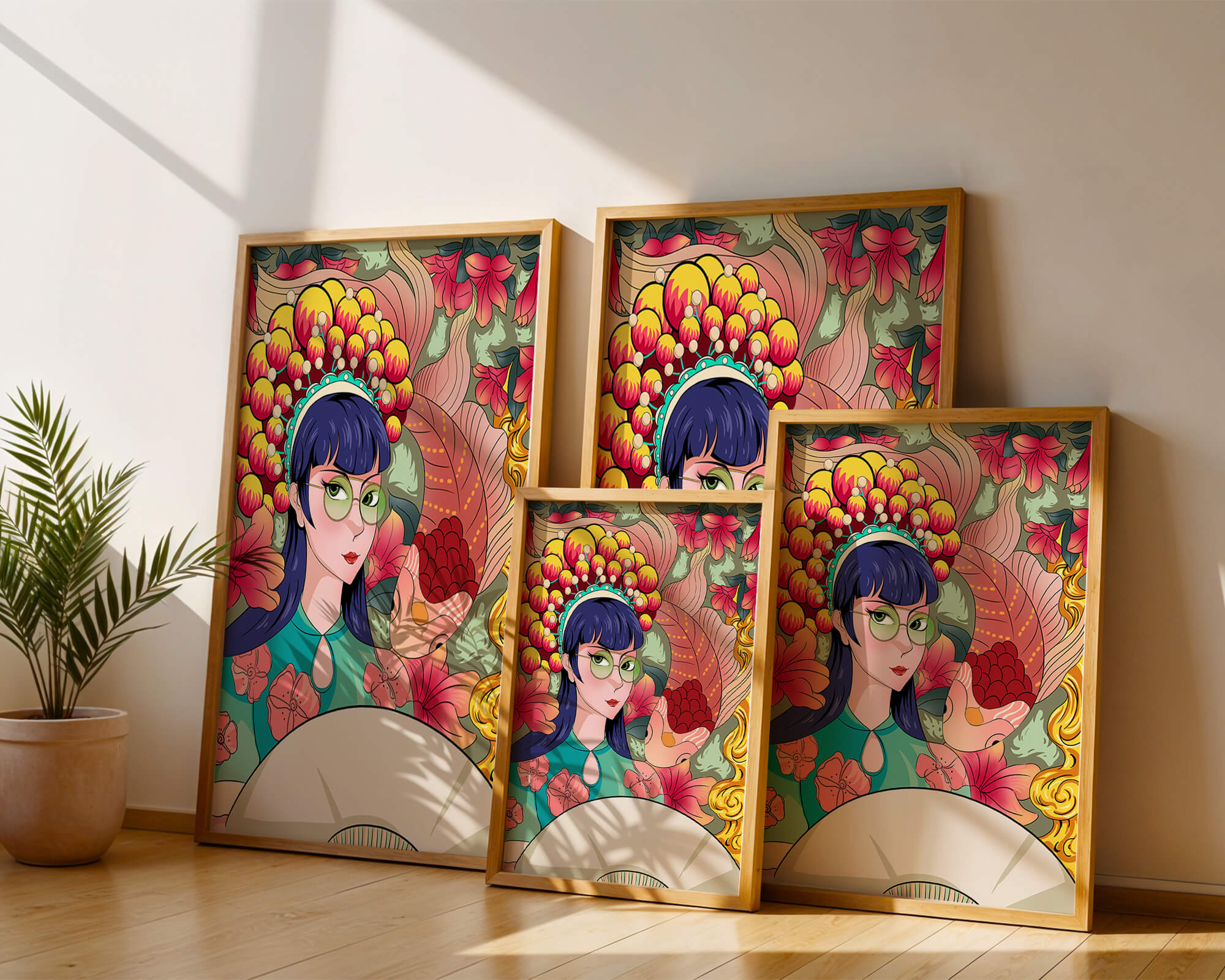Colorful illustration of a woman with floral headdress and fish background