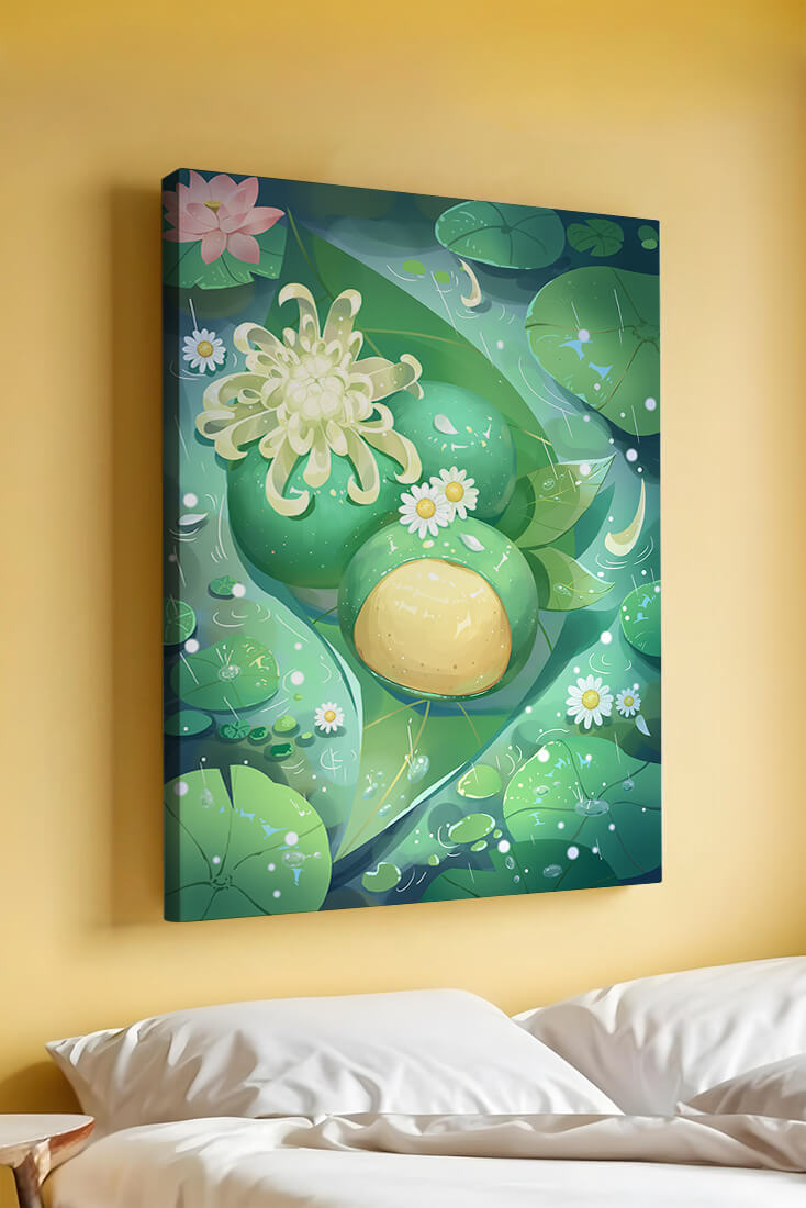 Lush aquatic scene with lotus flowers and green leaves
