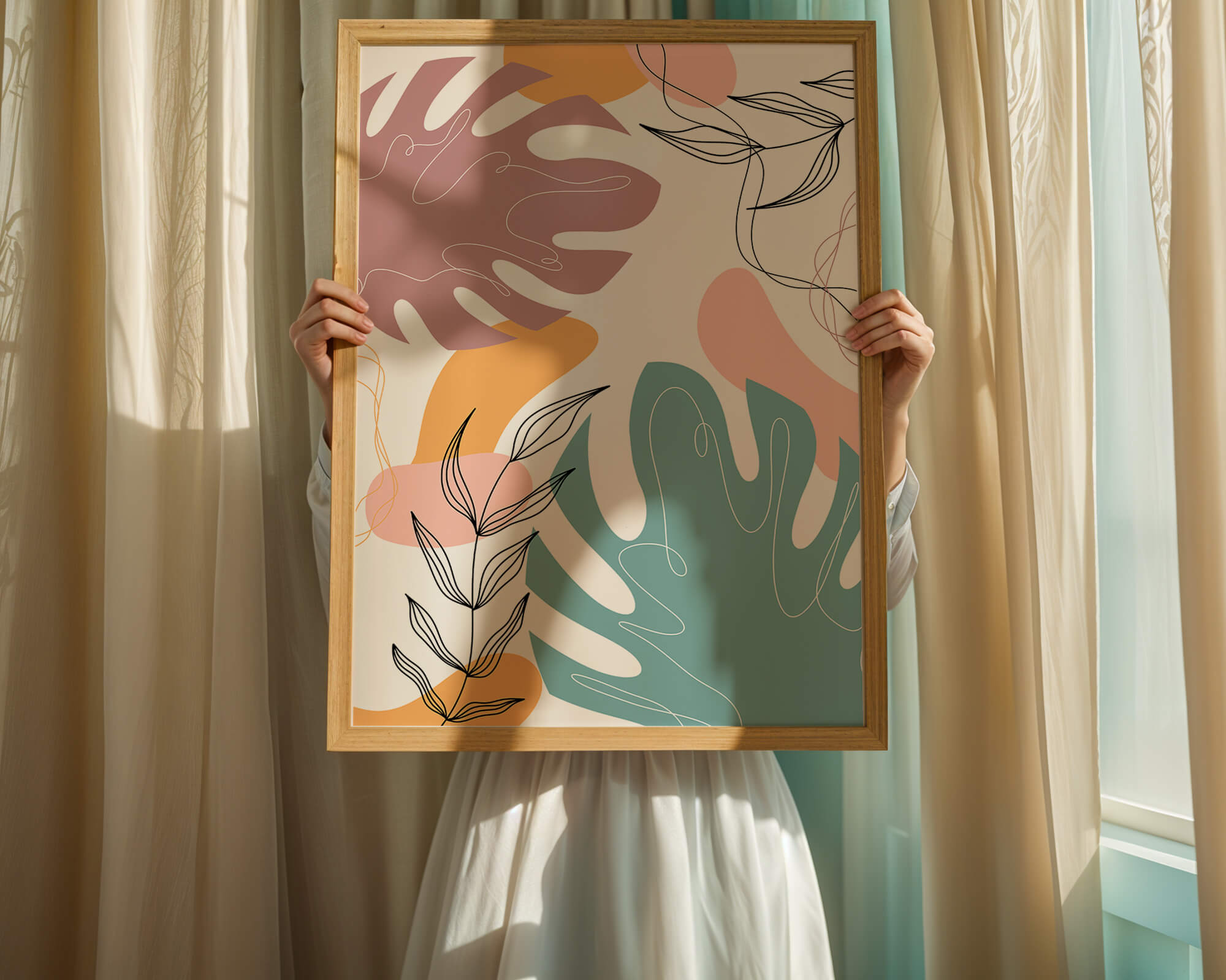 Abstract botanical illustration with colorful leaf patterns