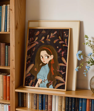 Ilustración elegante de una chica rodeada de follaje abstracto