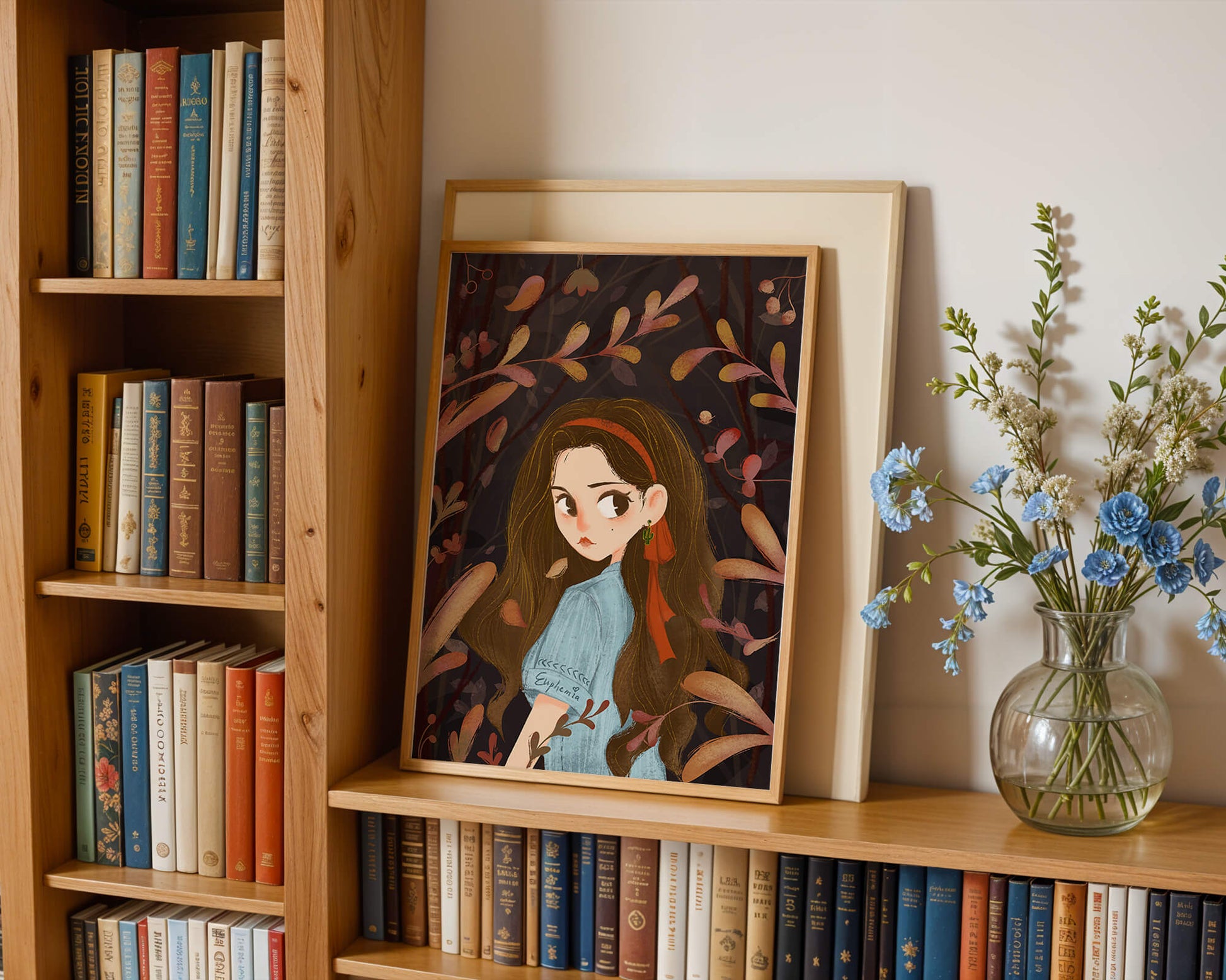 Elegante ilustración de una niña rodeada de follaje abstracto.