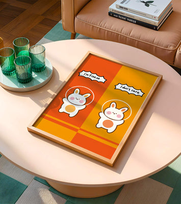 Adorable cartoon bunnies on vibrant orange and yellow background