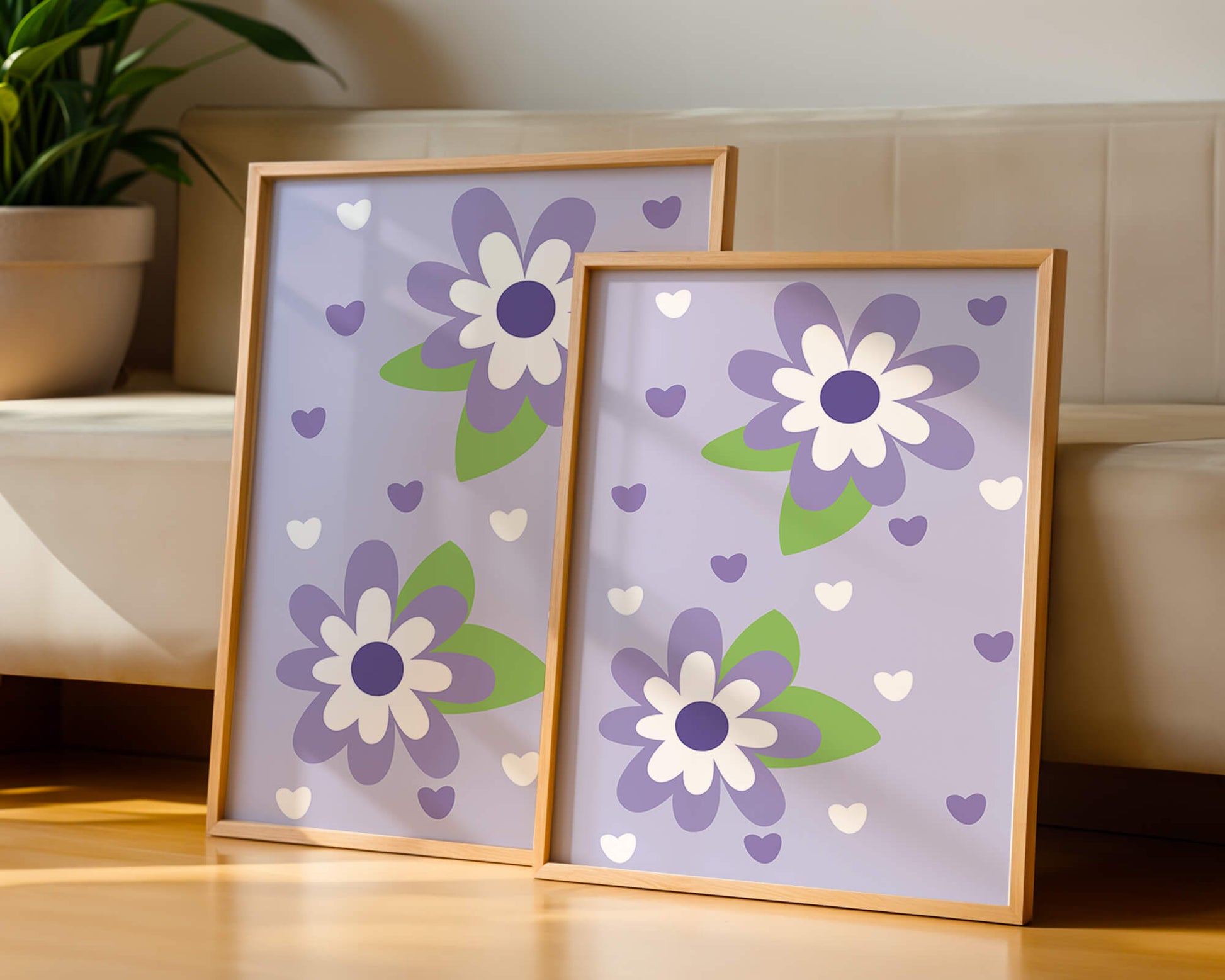 Elegant purple floral pattern with green leaves and heart accents