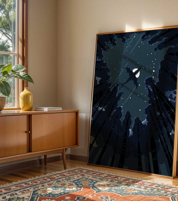 Dragon flying through starry night sky above dark forest