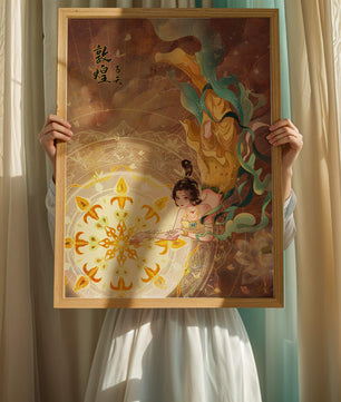Figura celestial elegante con aura dorada y motivos florales