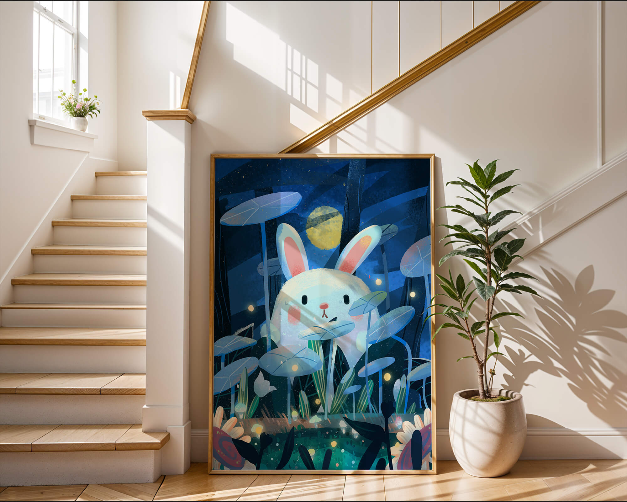Cute rabbit in a dreamy moonlit forest