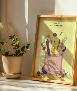 Ilustración de vegetales frescos y leche en una bolsa de comestibles