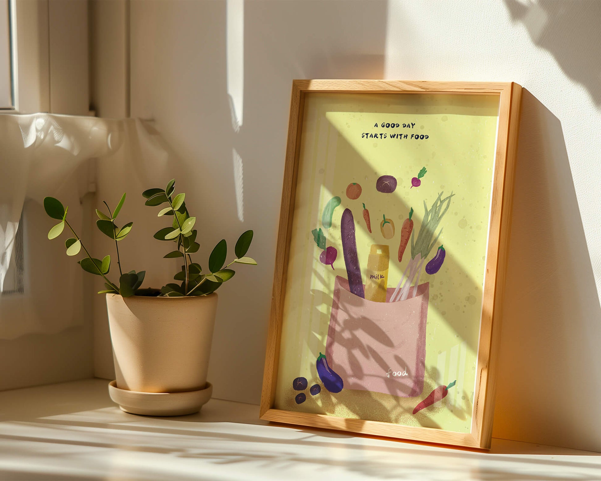 Ilustración de vegetales frescos y leche en una bolsa de comestibles
