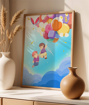 Ilustración caprichosa de niños en el cielo con globos de colores