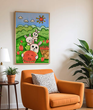 Illustration de lapins espiègles avec des carottes dans un champ ensoleillé