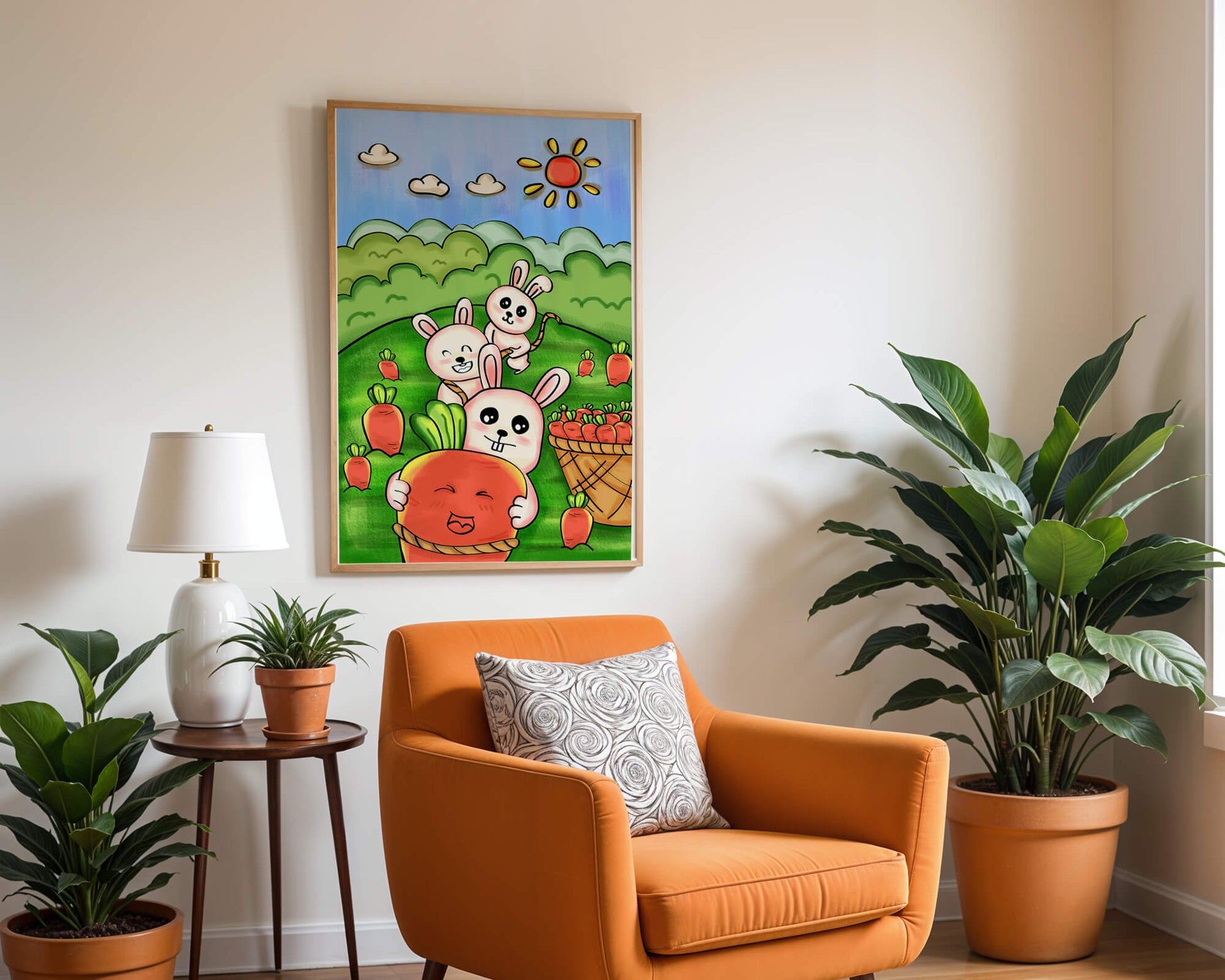 Illustration de lapins espiègles avec des carottes dans un champ ensoleillé