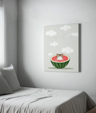 Whimsical art of a kitten in watermelon with clouds