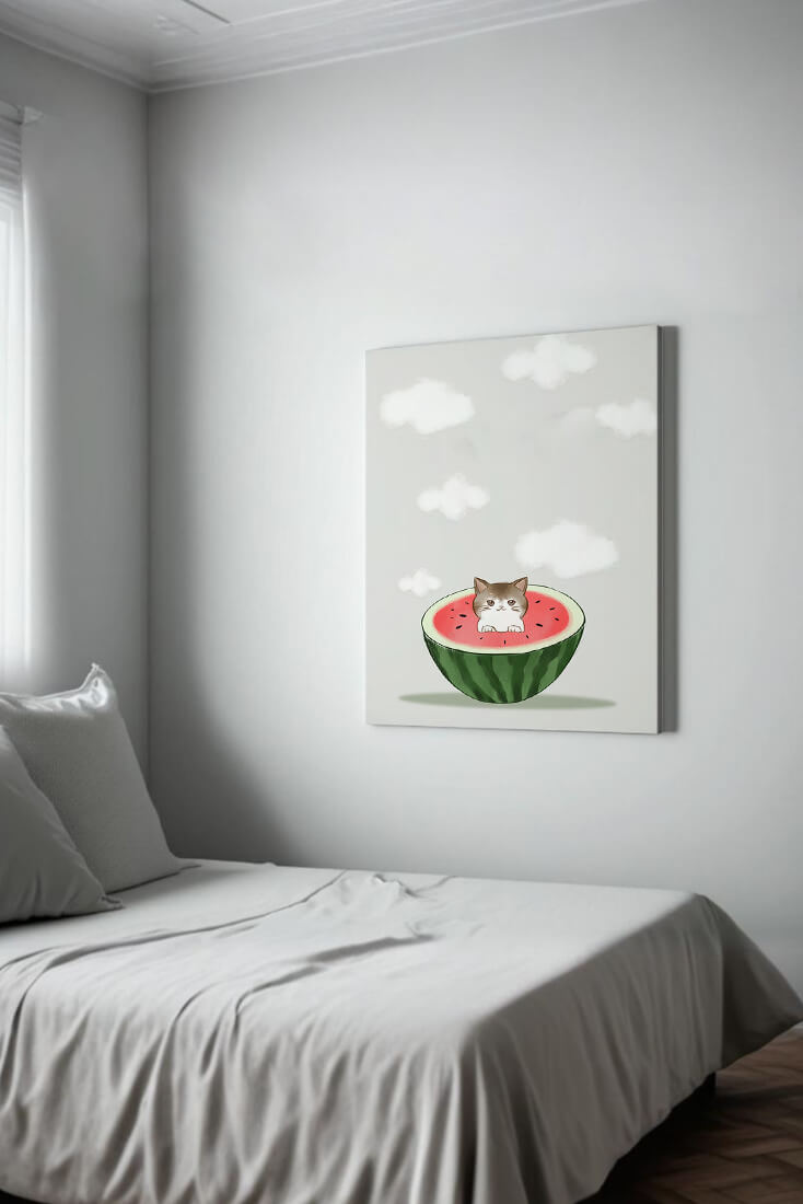 Whimsical art of a kitten in watermelon with clouds