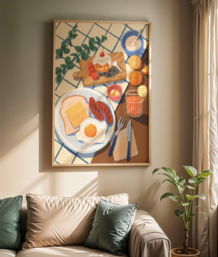 Escena de desayuno colorida con comida y bebida