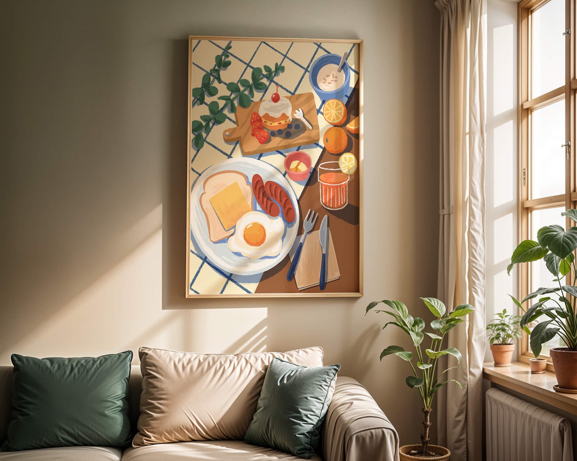 Escena de desayuno colorida con comida y bebida