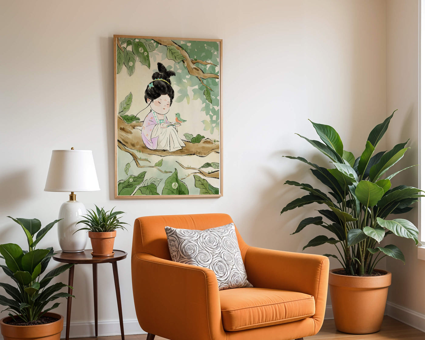 Serene illustration of a girl with a bird in a tree