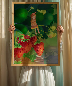 Young girl sitting among large strawberries in a whimsical garden setting