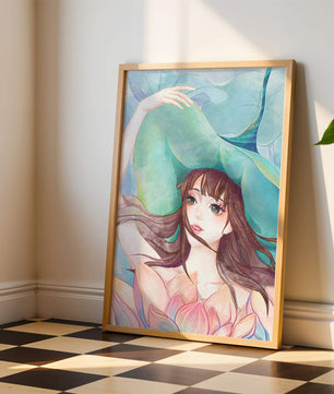 Serene water-inspired portrait of a woman with flowers