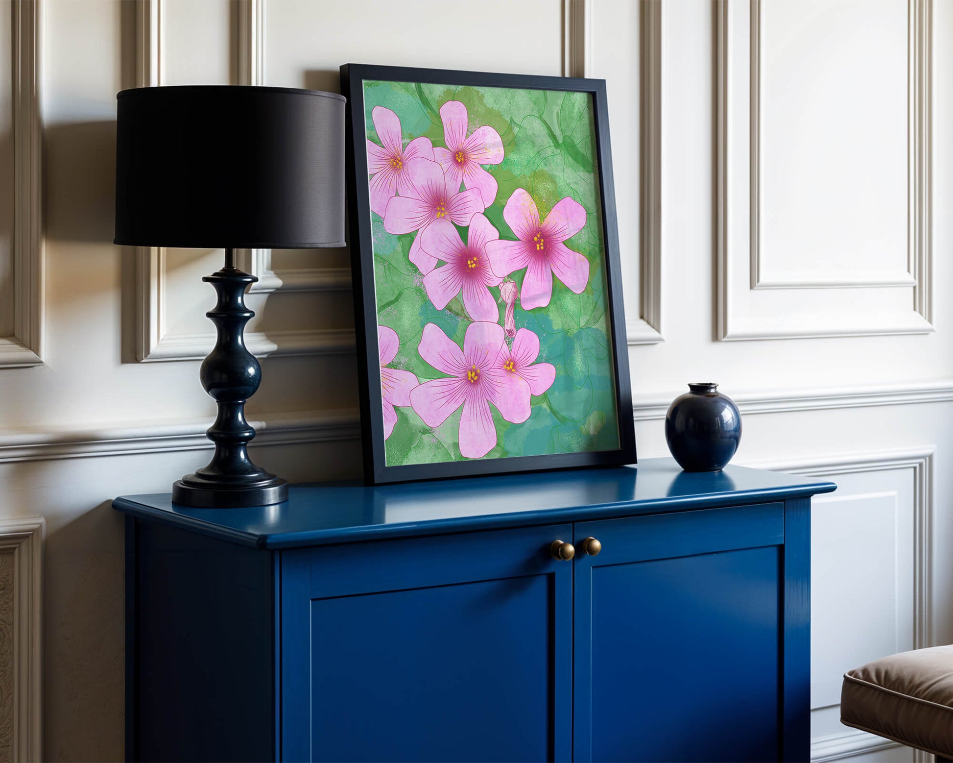Zarte rosa Blüten auf einem leuchtend grünen Hintergrund Illustration