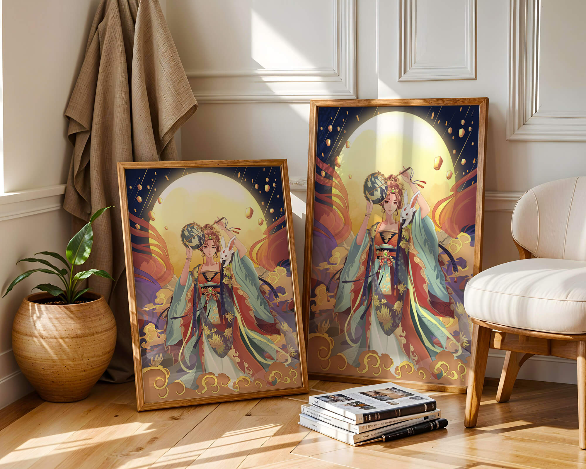 Elegant fantasy illustration with celestial elements and rabbit