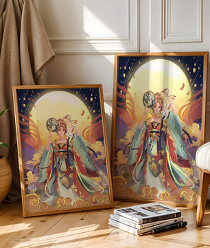 Elegant fantasy illustration with celestial elements and rabbit