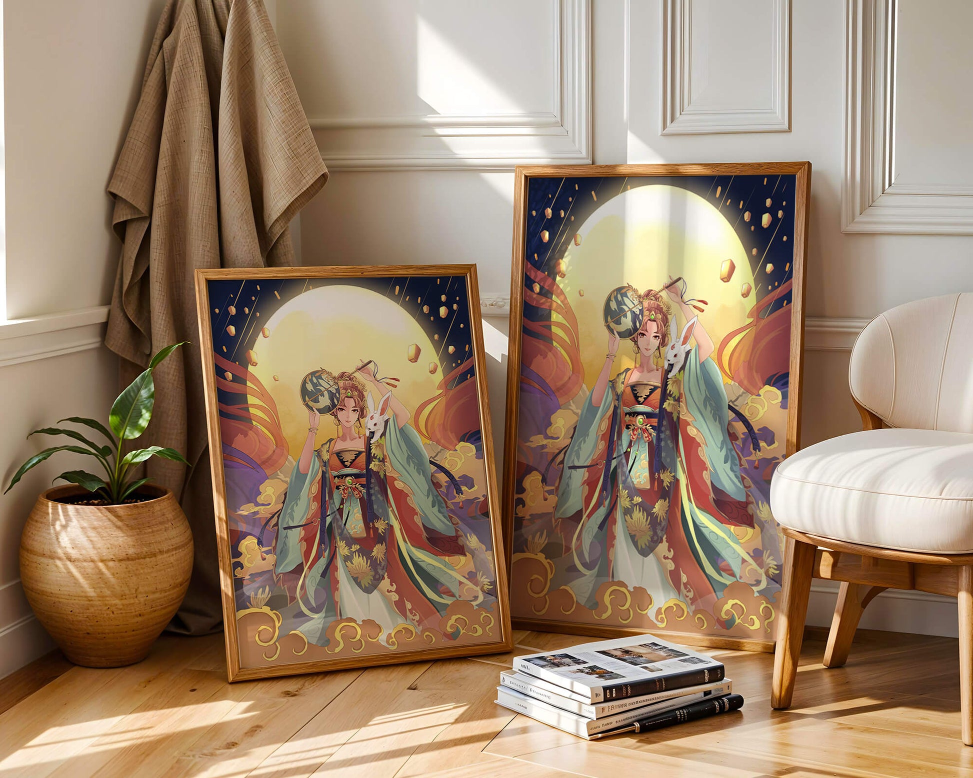 Elegant fantasy illustration with celestial elements and rabbit