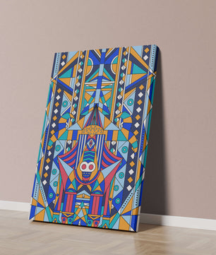 Arte tribal abstracto geométrico con patrones simétricos en azul y naranja