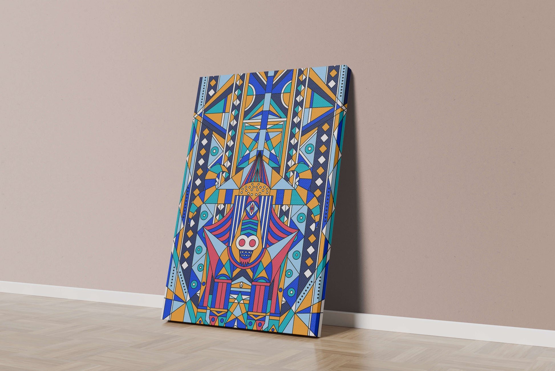 Arte tribal abstracto geométrico con patrones simétricos en azul y naranja