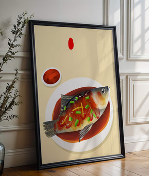 Illustration of a colorful fish dish with garnish
