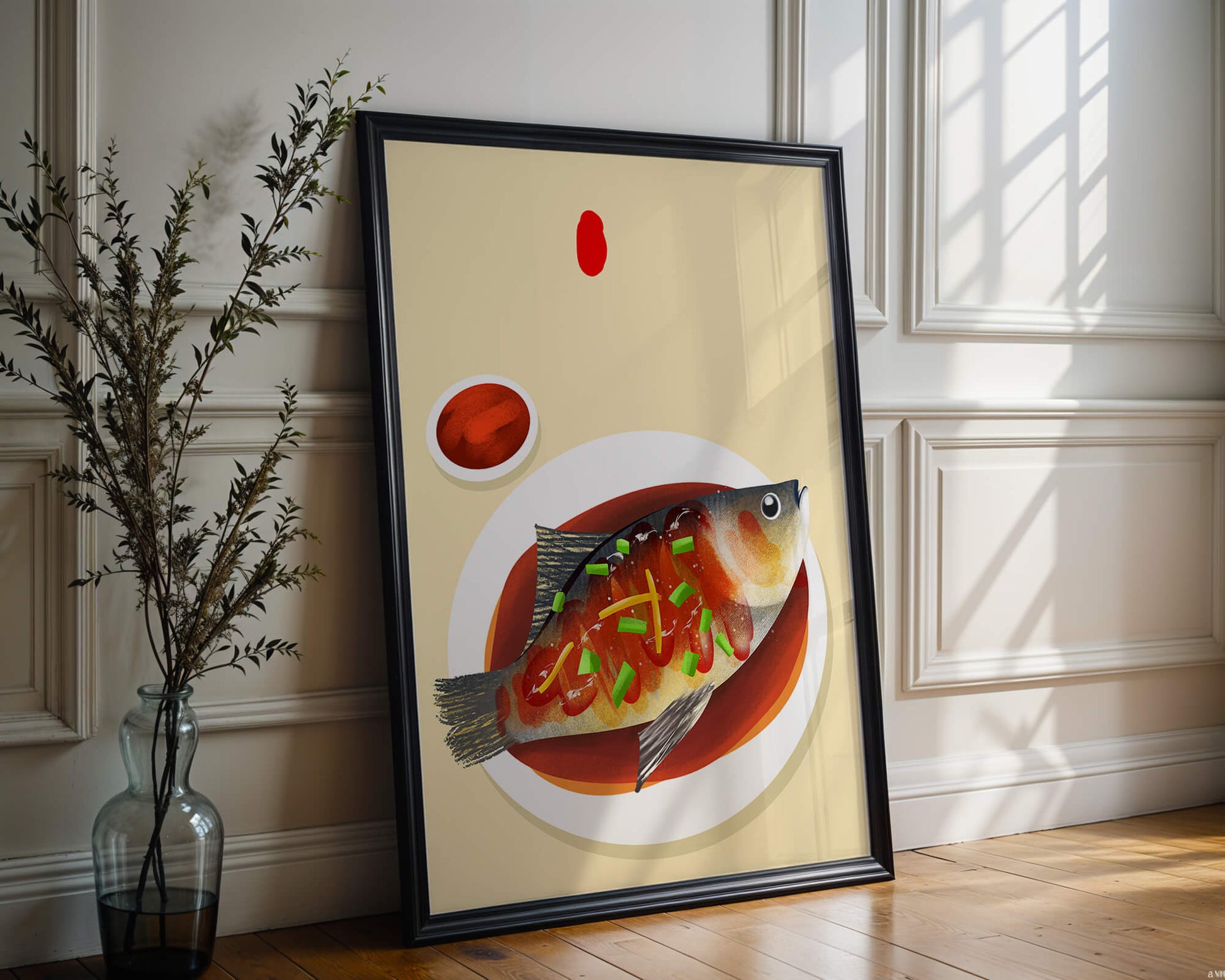 Illustration of a colorful fish dish with garnish