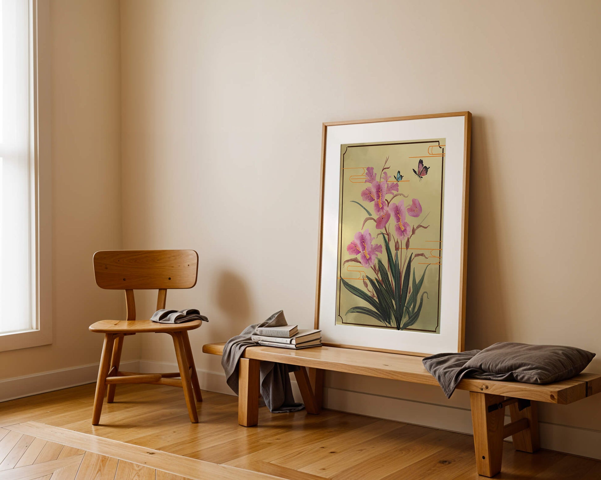 Elegant Floral Composition with Butterflies and Ornamental Background