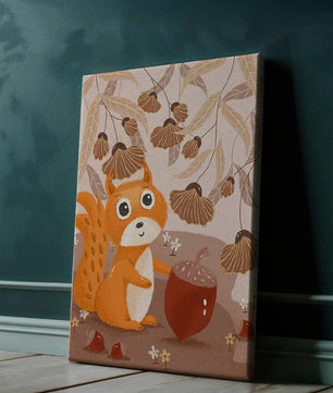 Orange Squirrel with Acorn in Autumn Forest