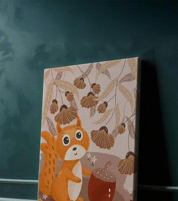 Orange Squirrel with Acorn in Autumn Forest