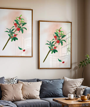 Ilustración detallada de una rama floreciente con flores rojas vivas y hojas verdes exuberantes