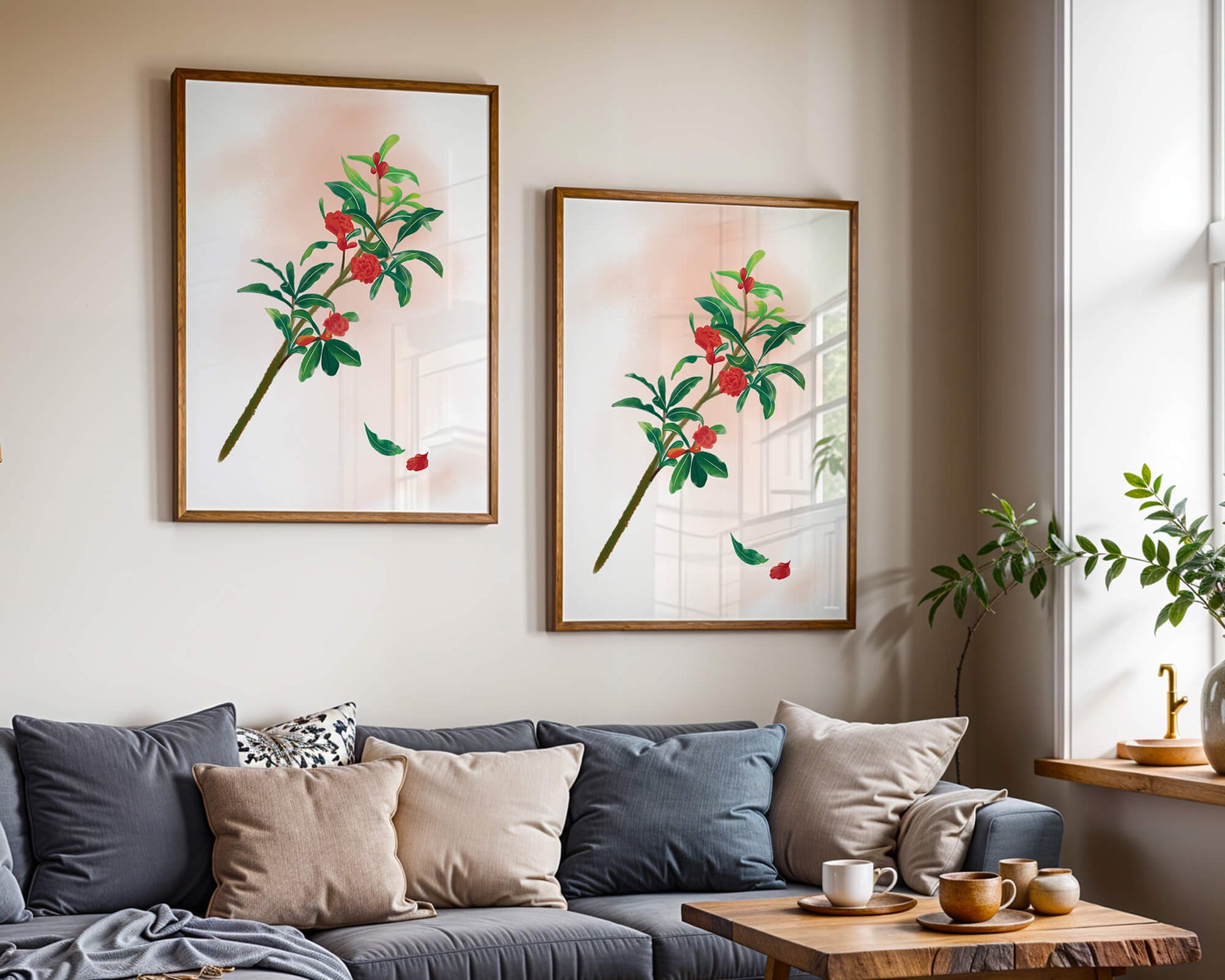 Detailed illustration of a flowering branch with vivid red blooms and lush green leaves