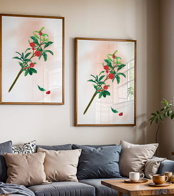 Detailed illustration of a flowering branch with vivid red blooms and lush green leaves