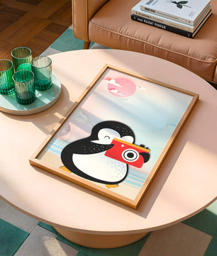 Whimsical penguin illustration with a camera on a pastel beach