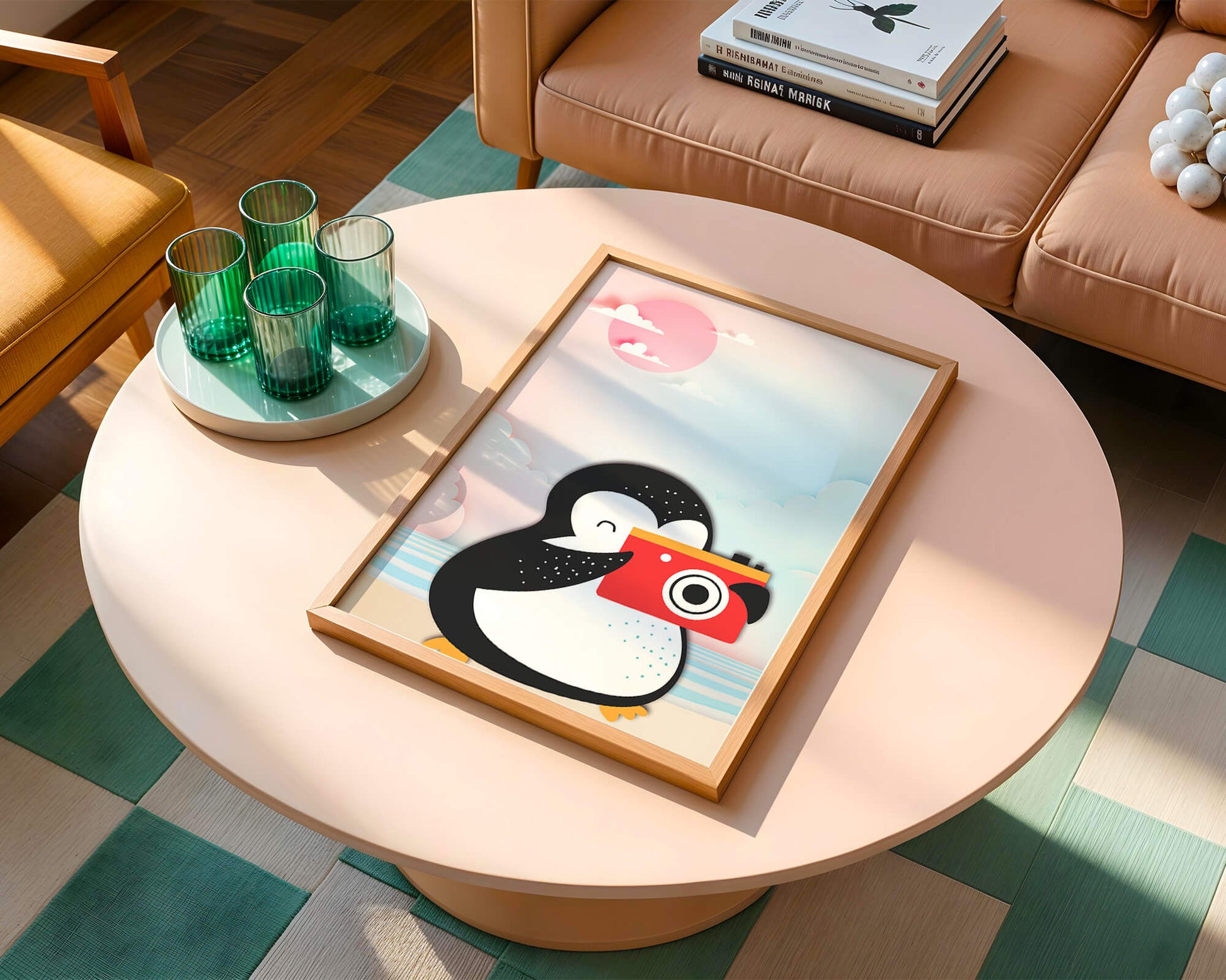 Whimsical penguin illustration with a camera on a pastel beach