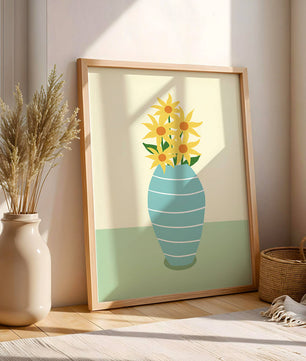 Yellow Sunflowers in a Blue Striped Vase on a Minimalist Background - Mi tienda