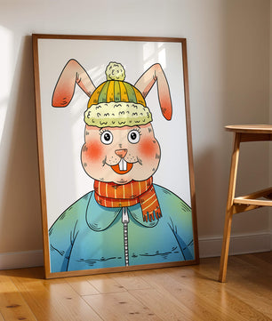 Whimsical cartoon bunny in winter attire with a striped scarf and beanie hat