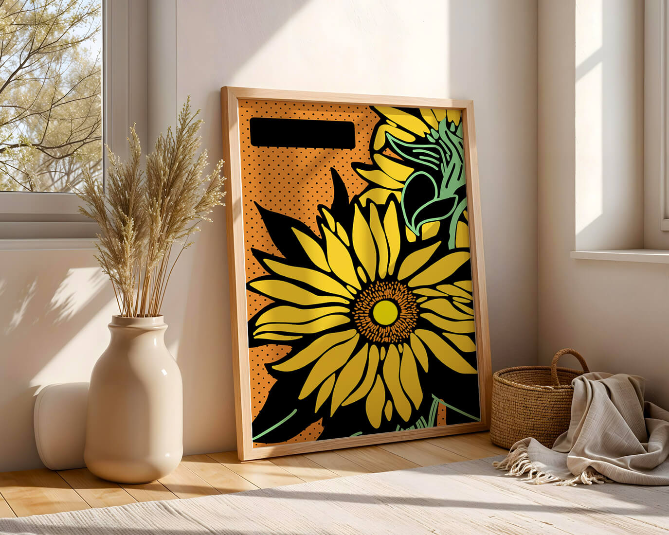 Colorful sunflower illustration with bold lines and dots