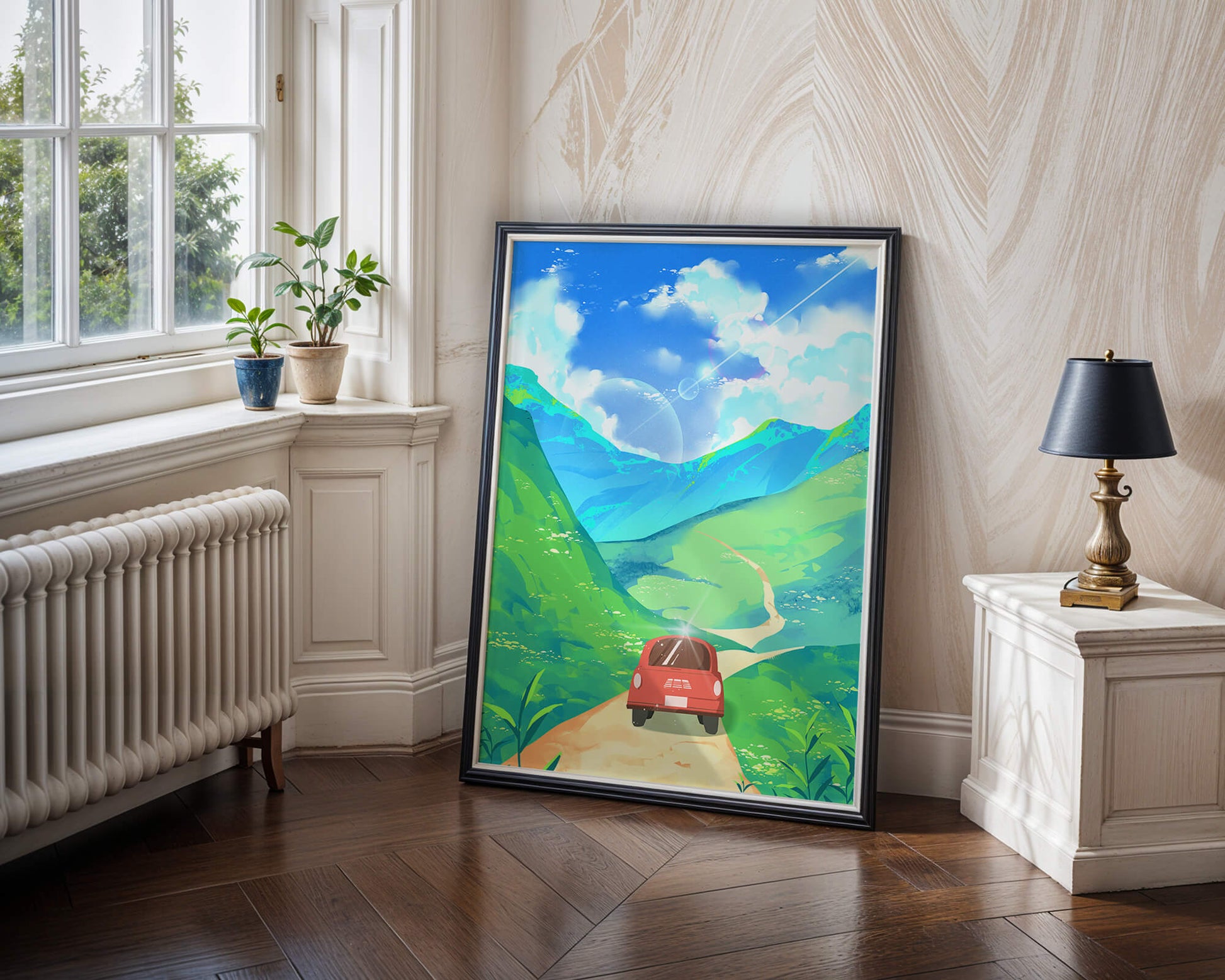 Red Car on a Scenic Road Through Green Hills Under a Vibrant Blue Sky
