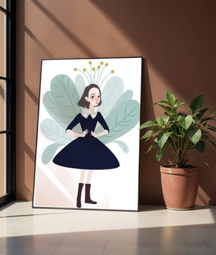Ilustración de una chica caprichosa con hojas y elementos florales