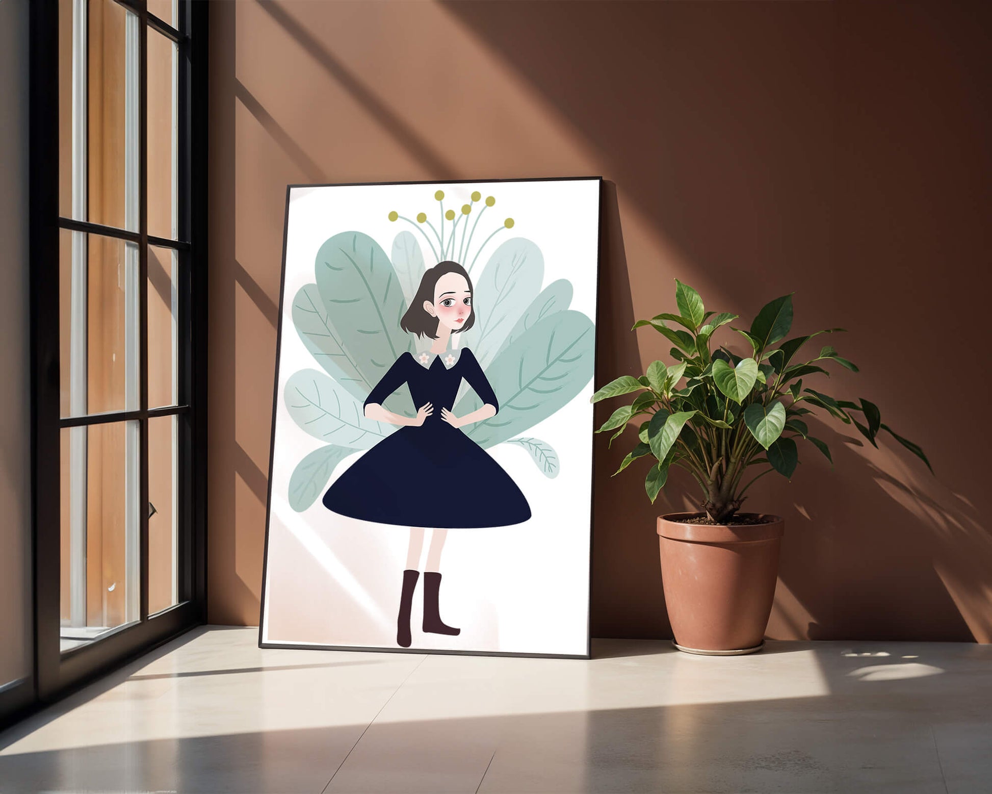 Illustration of a whimsical girl with leaves and floral elements