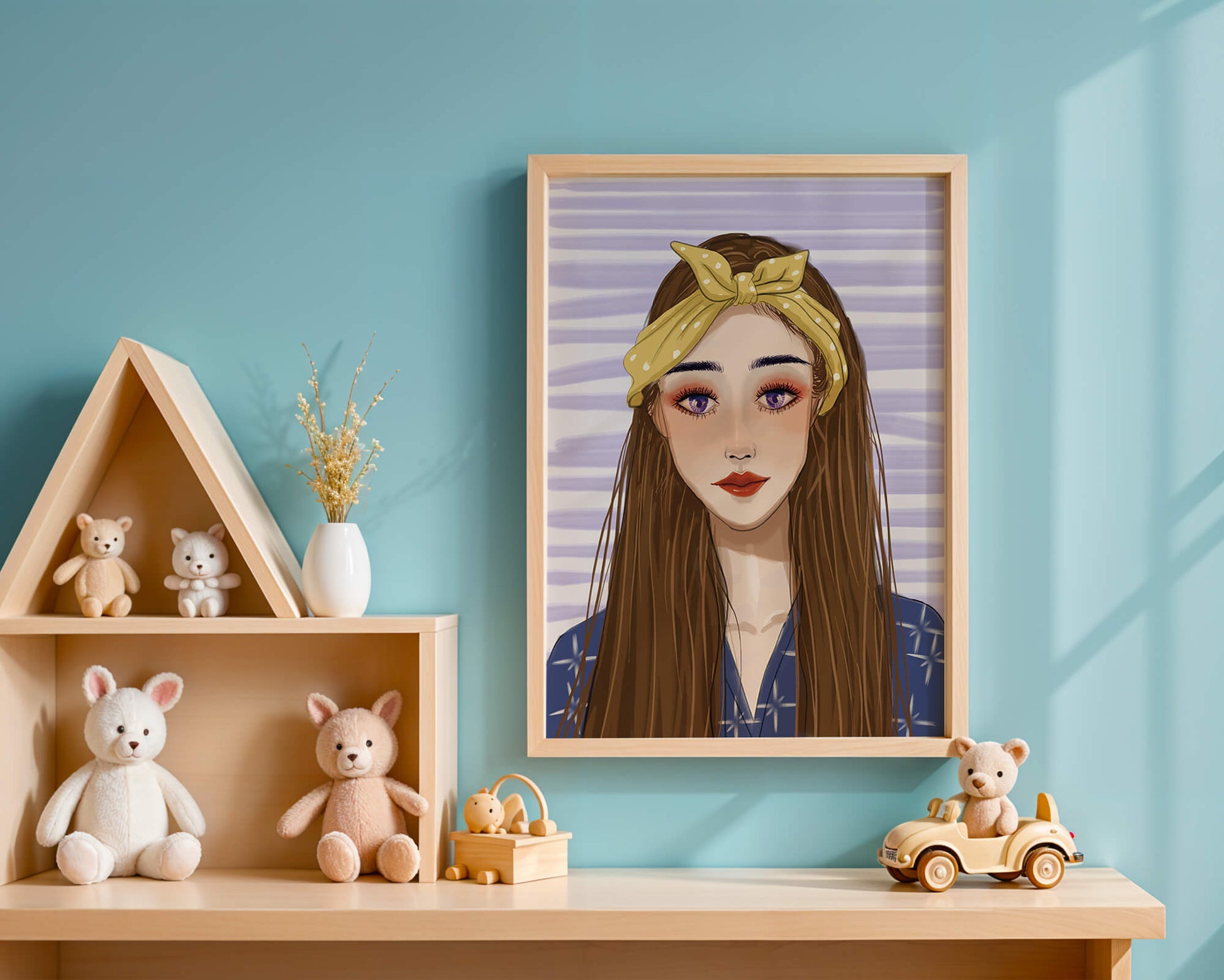 Illustration of a woman with a yellow headband against a striped background