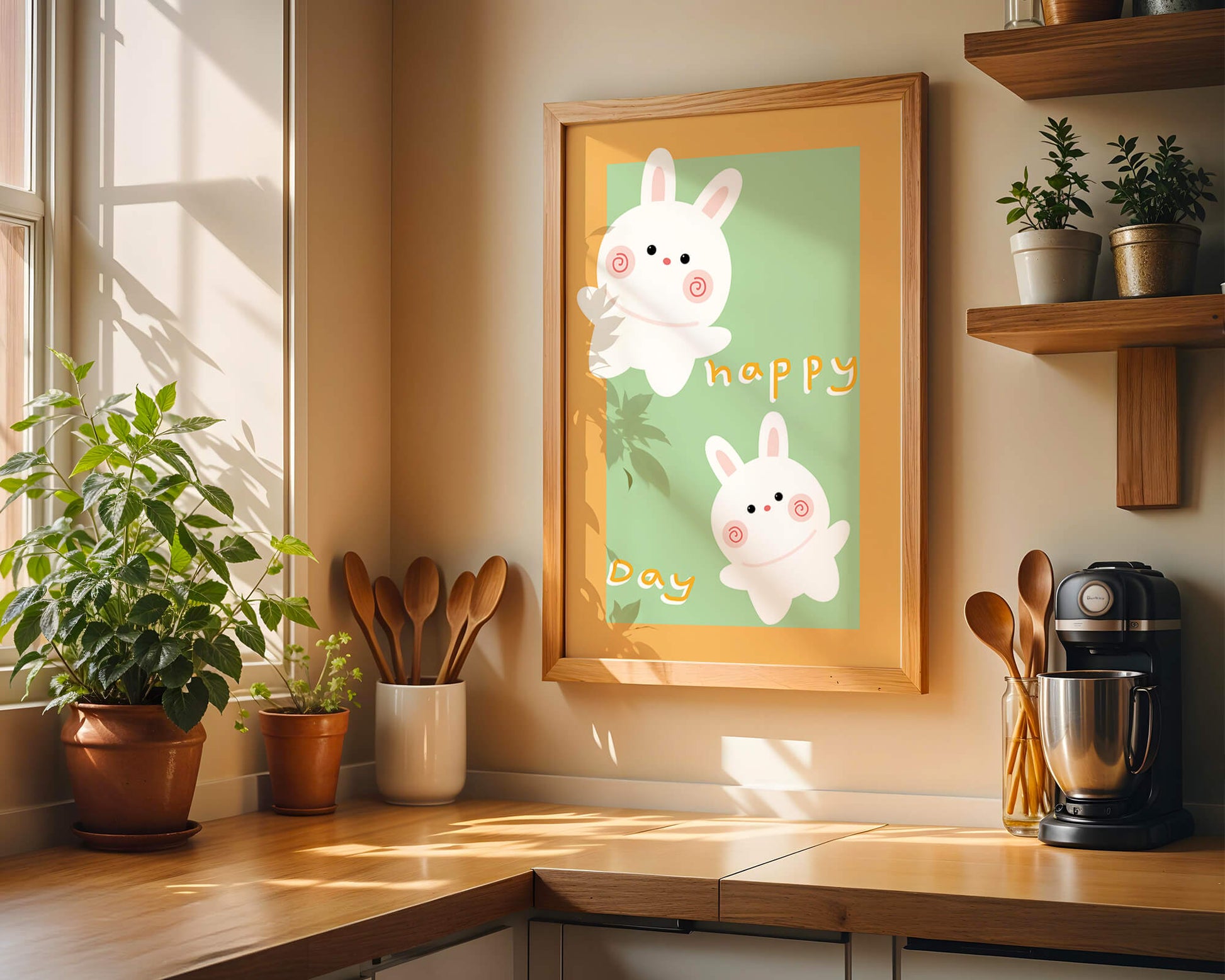 Conejos de dibujos animados juguetones con mensaje de día feliz sobre fondo colorido